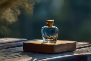 une bouteille de bleu parfum dans un Extérieur réglage séance sur une bois. ai généré photo