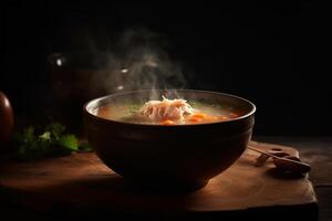 chaud délicieux poulet soupe produit la photographie avec Naturel éclairage. ai généré photo