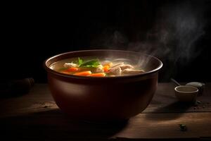chaud délicieux poulet soupe produit la photographie avec Naturel éclairage. ai généré photo