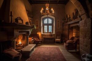 confortable cheminée dans une pièce dans une médiéval gothique château. ai généré photo