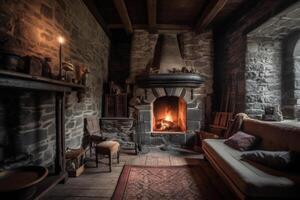 confortable cheminée dans une pièce dans une médiéval gothique château. ai généré photo