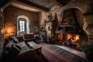 confortable cheminée dans une pièce dans une médiéval gothique château. ai généré photo