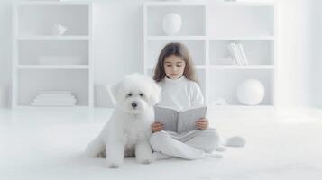 enfant lit livre avec chien. illustration ai génératif photo