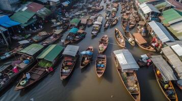 flottant traditionnel marché, traditionnel flottant bateau marché, vue de drone, génératif ai photo