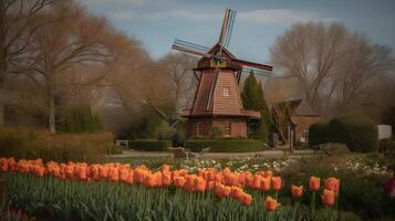 classique Moulin à vent dans le tulipe fleur jardin ,génératif ai photo