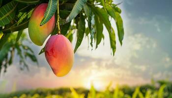 mangue fruit pendaison sur une arbre avec une rustique en bois table photo