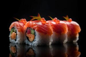 Japonais Sushi Rouleaux dans une traditionnel Sushi bar. ai généré photo