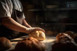 une boulanger main avec fraîchement cuit pain dans une rural boulangerie. ai généré photo