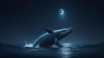 baleine sauter en dehors de l'eau à nuit esprit clair de lune Contexte ai généré photo