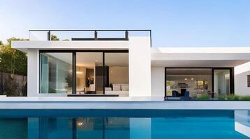 moderne blanc maison avec nager bassin ai généré photo