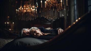 Sénior couple, en train de dormir à l'intérieur une luxueux lustre, lunatique, romantique atmosphère ai généré photo