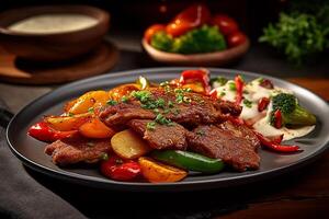 frit Viande et des légumes avec sauce, ai génératif photo