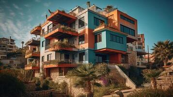 méditerranéen logement bâtiment, généré ai image photo