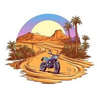 moto dans le désert avec paume des arbres dans le Contexte génératif ai photo