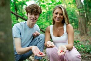 Jeune couple cueillette sauvage baies dans les bois photo