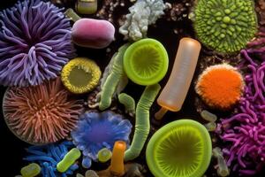 coloré variété de micro-organisme à l'intérieur pétri plat assiette dans laboratoire avec super macro Zoom arrière-plan, comprenant de bactéries, protozoaires, algues, et champignons, avec génératif ai. photo