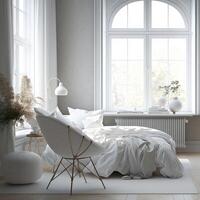 élégant pièce intérieur avec gros confortable lit dans scandinave style. génératif ai photo