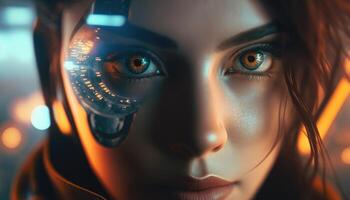 futur femme avec cyber La technologie œil panneau concept. génératif ai photo