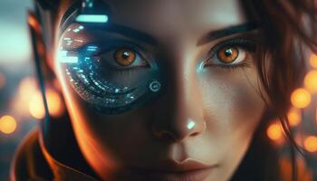 futur femme avec cyber La technologie œil panneau concept. génératif ai photo