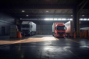 chargement baie avec deux camions garé à l'extérieur dans le style de moderne avec génératif ai photo