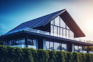 solaire panneau alimenté maison avec bleu ciel avec génératif ai photo