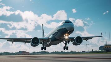 le avion est prise de de le aéroport dans le Matin avec une bleu ciel avec génératif ai photo