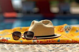 une plage serviette décoré avec une chapeau des lunettes de soleil et retourner flops avec génératif ai photo