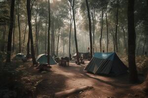 camping tentes et camp meubles ensemble en haut dans une forêt avec bleu ciel avec génératif ai photo