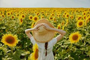 femme dans une paille chapeau dans une blanc robe retour vue de une champ de tournesols ensoleillé journée photo