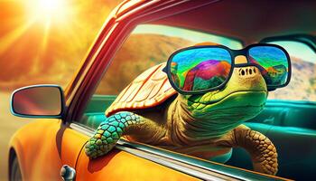 cool tortue des lunettes de soleil à la recherche avec coloré été arrière-plan.génératif ai photo