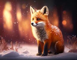 mignonne peu Renard dans le forêt, dessin animé Renard animation fantaisie style, bébé Renard permanent hiver saison arrière-plan.génératif ai photo