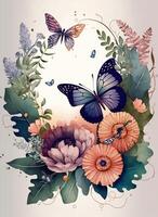 aquarelle coloré papillon fleurs arrière-plan, génératif ai. photo