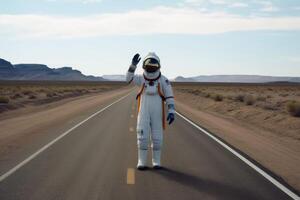 une auto-stop astronaute sur une solitaire route établi avec génératif ai technologie. photo