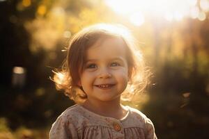 une portrait de content souriant fille sur une ensoleillé journée établi avec génératif ai technologie. photo