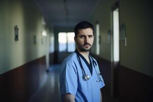 une Masculin médecin dans une hôpital établi avec génératif ai technologie. photo