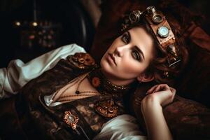 un attrayant femelle steampunk femme cyborg pose sur une lit établi avec génératif ai technologie. photo