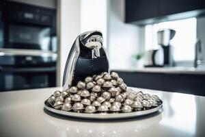 une grand pile de vide aluminium café capsules suivant à une café machine dans une moderne cuisine établi avec génératif ai technologie. photo