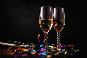 Champagne des lunettes et coloré banderoles et briller confettis sur une content Nouveau année Contexte établi avec génératif ai technologie. photo