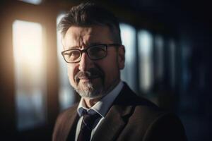 portrait de une affaires homme dans un Bureau établi avec génératif ai technologie. photo