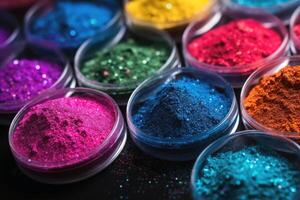 coloré briller poudre dans peu verre boules établi avec génératif ai technologie. photo