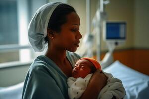 une mère détient sa juste née bébé dans sa bras dans une hôpital lit établi avec génératif ai technologie. photo