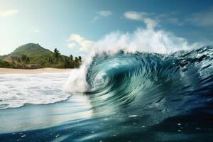 une géant tsunami vague en arrivant à une tropical plage établi avec génératif ai technologie. photo