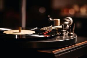 proche en haut de une record joueur avec une bras de lecture sur une vinyle record établi avec génératif ai technologie. photo