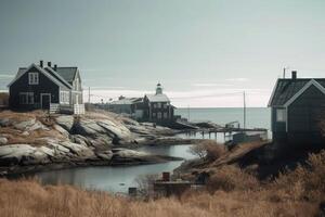 une village avec petit Maisons à une fjord dans nord L'Europe  établi avec génératif ai technologie. photo