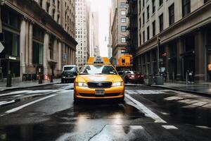 une Jaune Taxi dans le des rues de Nouveau york établi avec génératif ai technologie. photo