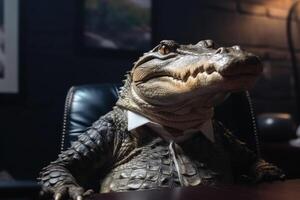 portrait de une crocodile dans une affaires costume Bureau Contexte établi avec génératif ai technologie. photo