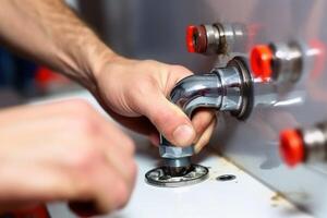 mains de une plombier réparer le salle de bains établi avec génératif ai technologie. photo