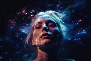 éthéré et fascinant femme portrait dans une galaxie environnement établi avec génératif ai technologie. photo