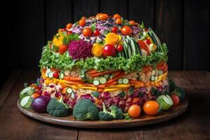 une gros gâteau fabriqué de coloré des légumes établi avec génératif ai technologie. photo