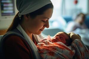 une mère détient sa juste née bébé dans sa bras dans une hôpital lit établi avec génératif ai technologie. photo